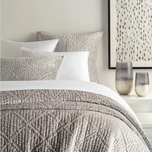 Load image into Gallery viewer, grey velvet quilt on a bed with vases and art next to the bed