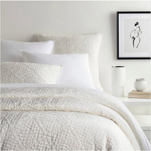 Load image into Gallery viewer, dove white velvet quilt on a white bed with a bedside table and art