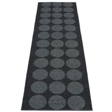 Load image into Gallery viewer, a long black rug with 12 rows of 3 columns of grey dots on a white background
