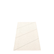 Load image into Gallery viewer, white side of the rug with grey diagonal stripes on a white floor