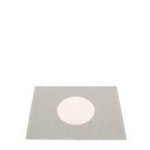 Load image into Gallery viewer, Warm grey rug with a vanilla colored large dot in the center on a white background