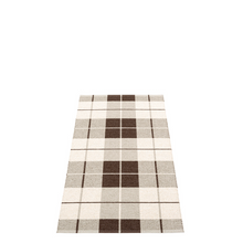 Load image into Gallery viewer, Reverse side of the Brown, Linen, and Vanilla colored plaid rug on a white background