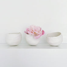 Load image into Gallery viewer, three plaster bowls on a shelf with one pink flower in the middle one
