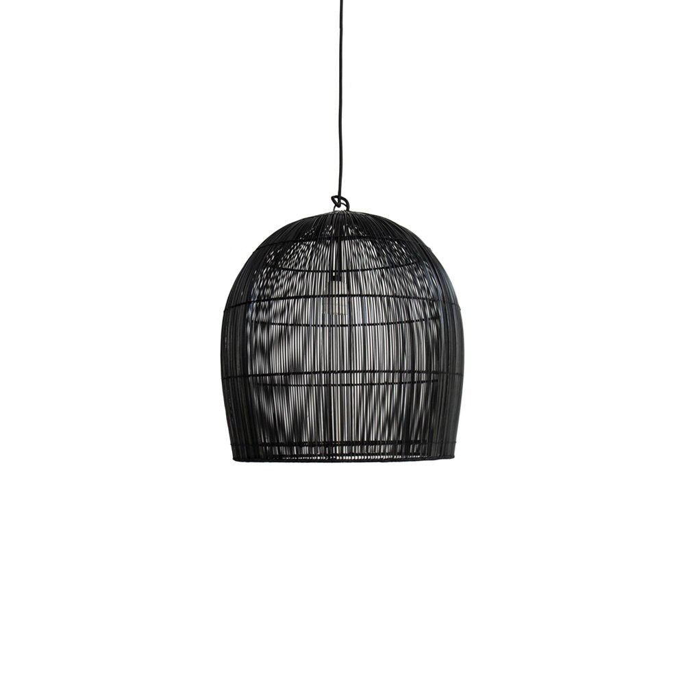 Extra Small, Black hanging light fixture with black cord, in the shape of a bell, made out of thin black strands of natural fibers. 
