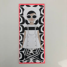 Load image into Gallery viewer, Black and white paper doll curtsying; white hat and white sunglasses
