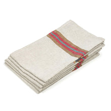 Load image into Gallery viewer, stack of cream colored tea towel with yellow, red, and green stripes in the center on a white background