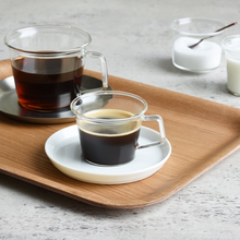 Load image into Gallery viewer, both the larger coffee cup with coffee in it and the expresso cup with expresso in it on a wooden tray on a countertop