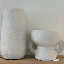 Load image into Gallery viewer, tall paper mache vase next to a shorter one on a wooden shelf 
