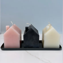 Load image into Gallery viewer, the pink, lack, and cream candle in a row sitting on a black tray placed on a marble shelf
