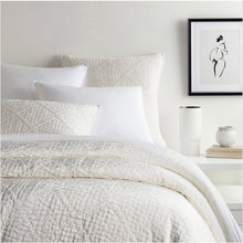 Load image into Gallery viewer, dove white velvet quilt on a white bed with a bedside table and art

