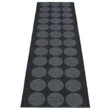 Load image into Gallery viewer, a long black rug with 12 rows of 3 columns of grey dots on a white background
