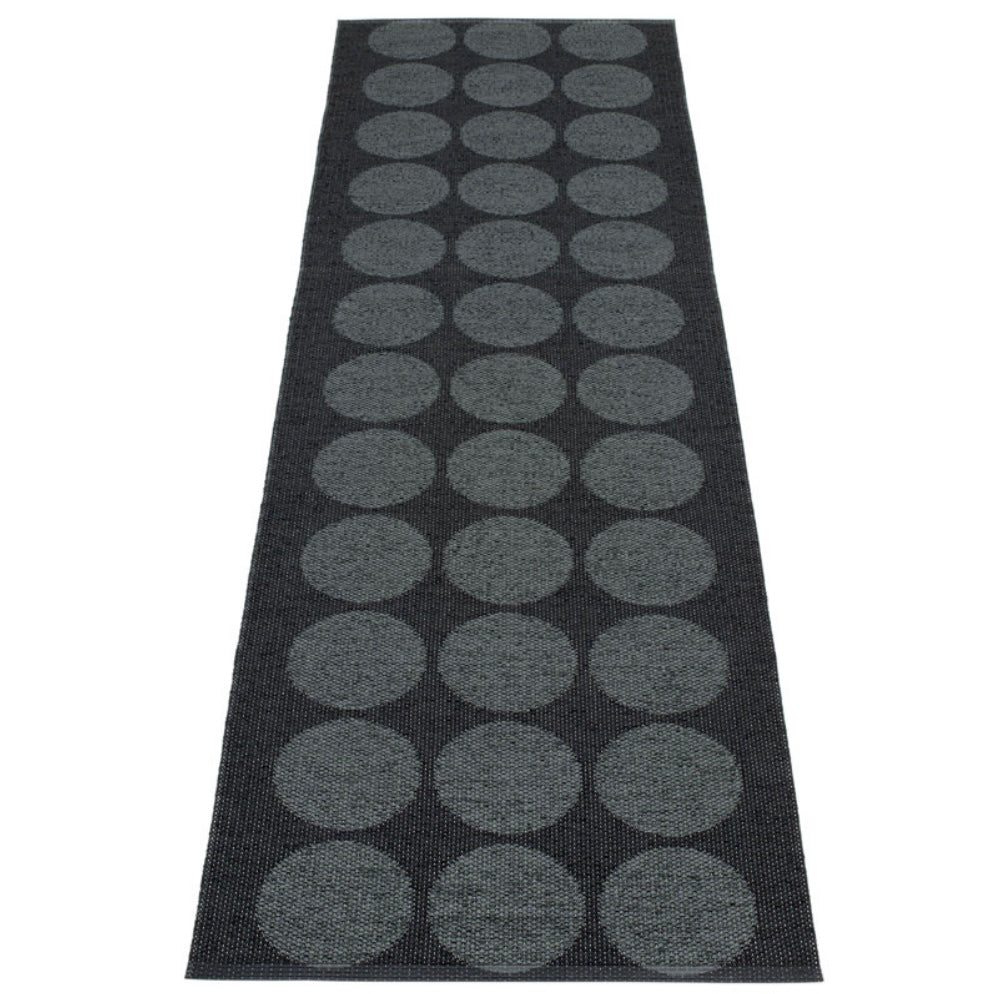 a long black rug with 12 rows of 3 columns of grey dots on a white background