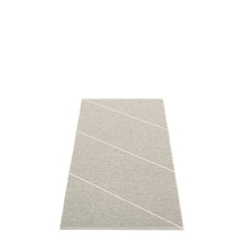 Load image into Gallery viewer, grey side of the rug with diagonal white stipes on a white floor 
