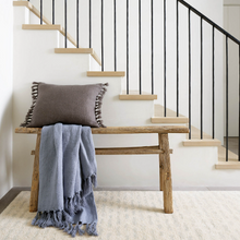 Load image into Gallery viewer, Pewter blue throw on a wooden bench in front of a staircase
