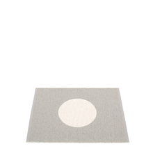 Load image into Gallery viewer, Warm grey rug with a vanilla colored large dot in the center on a white background
