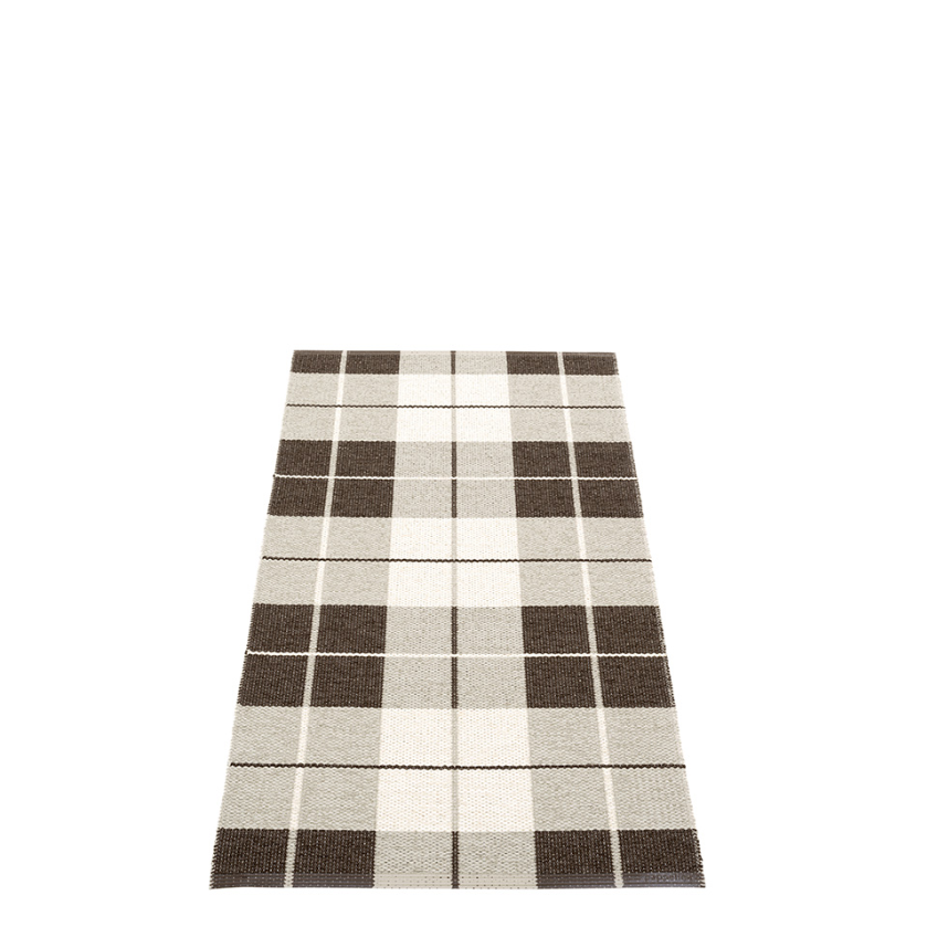 Brown, Linen, and Vanilla colored plaid rug on a white background