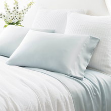 Load image into Gallery viewer, robin&#39;s egg blue pillow cases on a white bed setting

