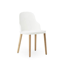 Load image into Gallery viewer, View from front angle of Normann Copenhagen Allez Chair white with standard seat and oak legs,
