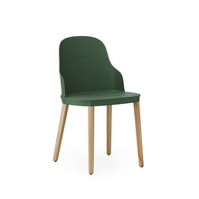 Load image into Gallery viewer, View from front angle of Normann Copenhagen Allez Chair park green with standard seat and oak legs,
