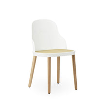 Load image into Gallery viewer, View from front angle of Normann Copenhagen  Allez Chair , White with wicker seat and oak legs,
