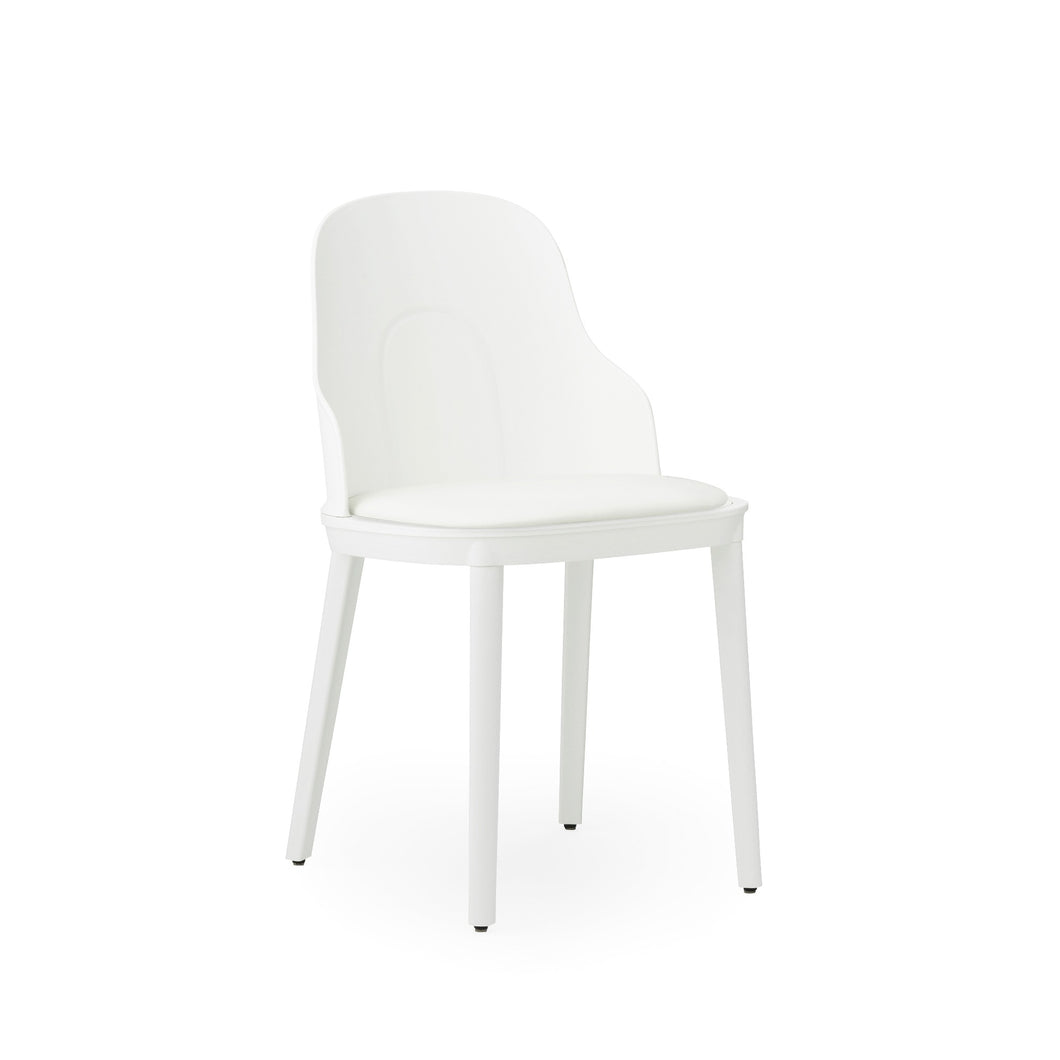 View from front angle of Normann Copenhagen Allez Chair white with leather seat,