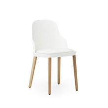 Load image into Gallery viewer, View from front angle of Normann Copenhagen Allez Chair white with leather seat and oak legs,
