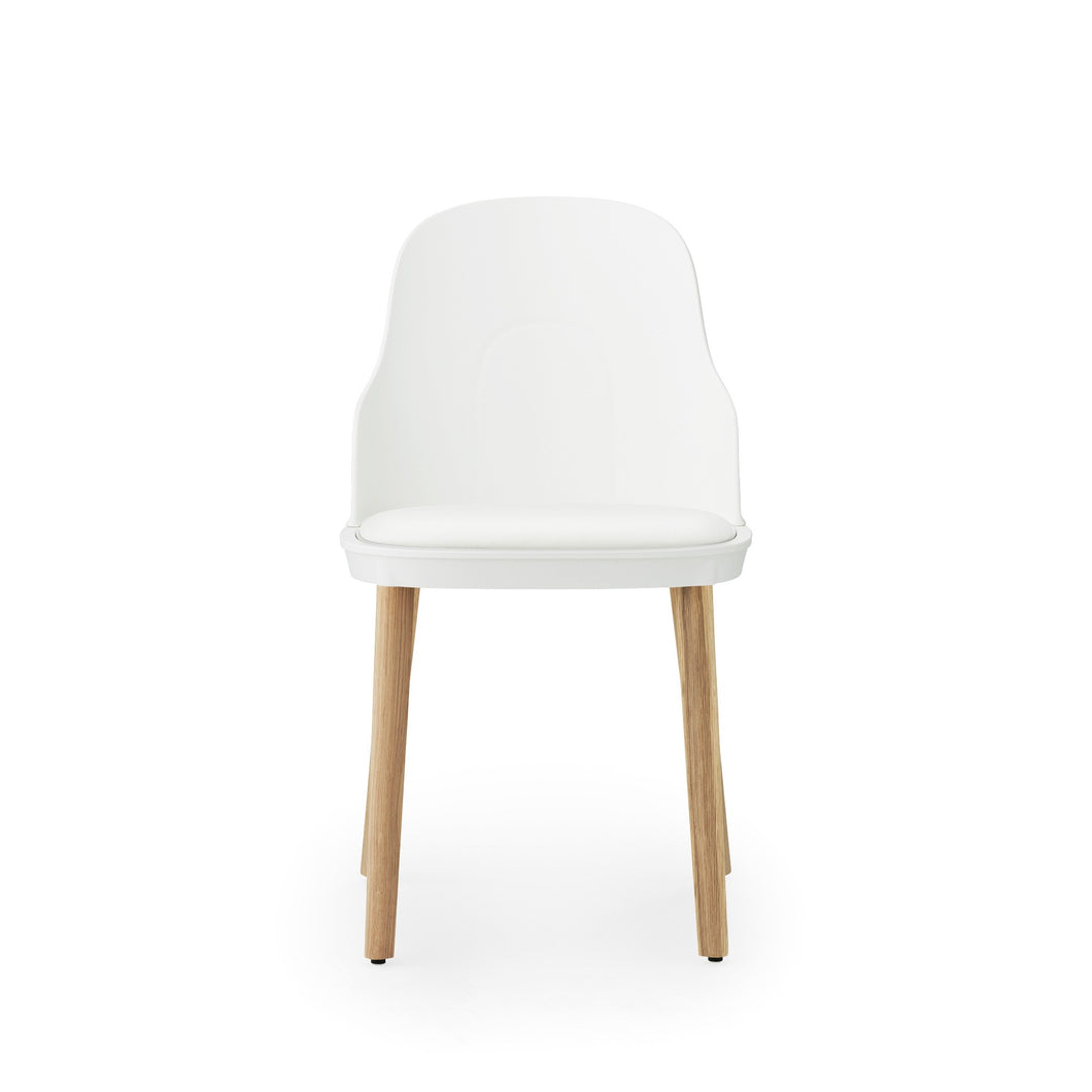 View from front of Normann Copenhagen Allez Chair white with leather seat,