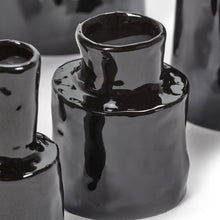 Load image into Gallery viewer, two black vases on a shelf
