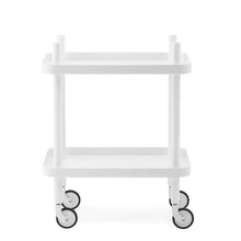 Load image into Gallery viewer, Rolling cart made with 4 white legs, with castors, and 2 white shelves. 
