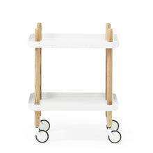 Load image into Gallery viewer, Rolling cart made with 4 wooden legs, with castors, and 2 white shelves. 
