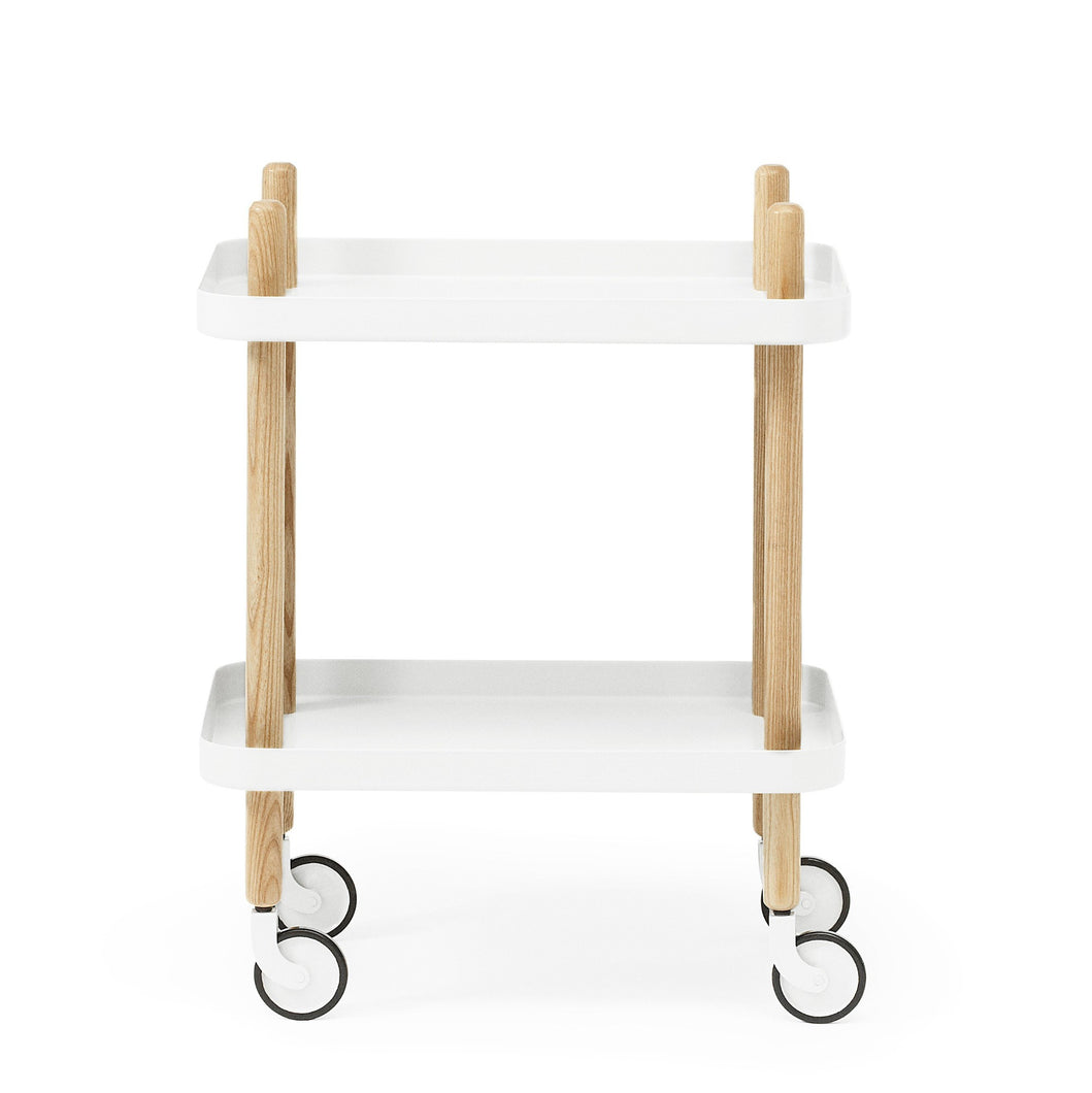 Rolling cart made with 4 wooden legs, with castors, and 2 white shelves. 