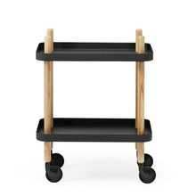 Load image into Gallery viewer, Rolling cart made with 4 wooden legs, with black castors, and 2 black shelves. 
