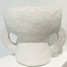 Load image into Gallery viewer, tall two loop paper mache pot on a white shelf

