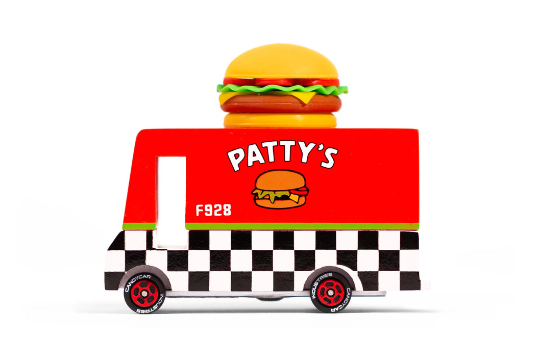 Candylabs patty's hamburger van wooden car on a white background