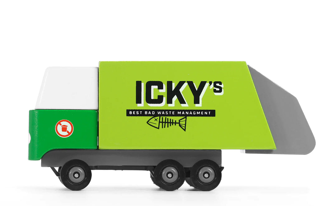 Icky's green wooden garbage truck on a white background 