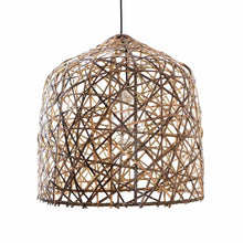 Load image into Gallery viewer, Medium sized hanging light fixture made with random straps of brown bamboo., leaving gaps for light
