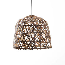 Load image into Gallery viewer, hanging light fixture made with random straps of brown bamboo., leaving gaps for light
