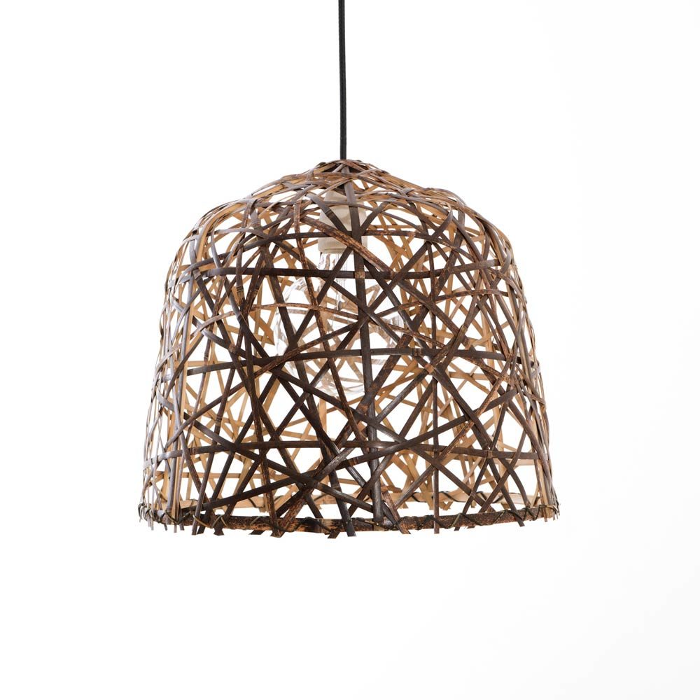 hanging light fixture made with random straps of brown bamboo., leaving gaps for light