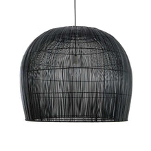 Load image into Gallery viewer, Large hanging light fixture in the shape of a bell, made out of thin black strands of natural fibers. 
