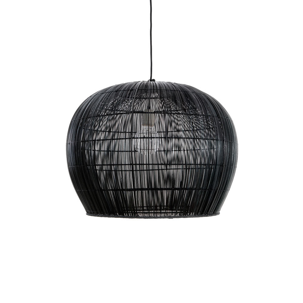 Hanging light fixture in the shape of a bell, made out of thin black strands of natural fibers. 