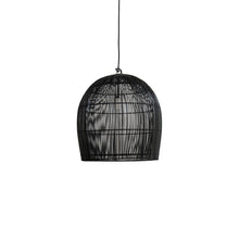 Load image into Gallery viewer, Extra Small, Black hanging light fixture with black cord, in the shape of a bell, made out of thin black strands of natural fibers. 
