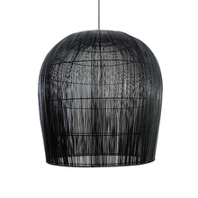 Load image into Gallery viewer, Large, Black hanging light fixture with black cord, in the shape of a bell, made out of thin black strands of natural fibers. 
