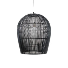Load image into Gallery viewer, Small, Black hanging light fixture with black cord, in the shape of a bell, made out of thin black strands of natural fibers. 
