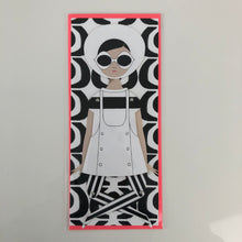 Load image into Gallery viewer, Black and white paper doll curtsying; white hat and white sunglasses
