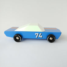 Load image into Gallery viewer, A photo of the right side of a blue stockcar with number 74 on the door. and CandyLab on the wheels.
