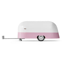 Load image into Gallery viewer, Side of a pink and white painted wooden toy retro camper.
