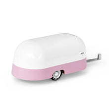 Load image into Gallery viewer, Pink and white painted wooden toy retro camper made by CandyLab.
