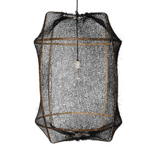 Load image into Gallery viewer, sisal net covered black pendant on a white wall 
